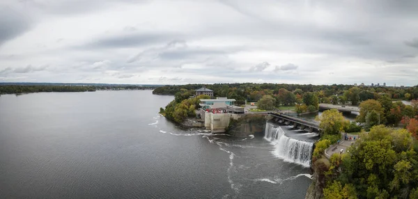 Aerial panoramic view of a beautiful waterfall in Stanley Park. Taken in Ottawa, Ontario, Canada.