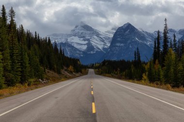 Kanada Kayalık Dağları Sonbahar mevsiminde manzaralı bir yolda güzel manzarasına. Icefields Pkwy, Jasper, Alberta, Kanada içinde alınan.