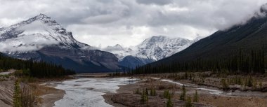 Scenic panoramic view of the Canadian Rocky Mountain Landscape during Fall Season. Taken in Icefields Pkwy, Jasper, Alberta, Canada. clipart