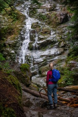 Maceracı kadın uzun yürüyüşe çıkan kimse bir şelale güzel bir manzarasına sisli bir gün zarfında keyif alıyor. MT benden, North Vancouver, British Columbia, Kanada alınan.