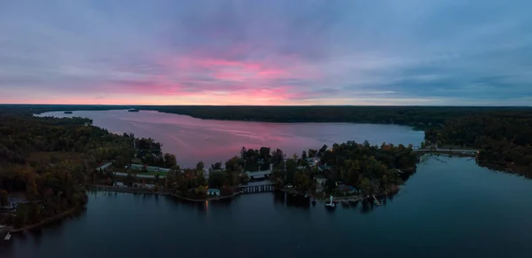 Aerial Panoramic View Moira Lake Striking Colorful Sunrise Taken Madoc — Stock Photo, Image