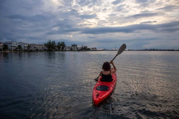 Adventurous Girl Kayaking Atlantic Ocean Vibrant Cloudy Sunset Taken Key — Stock Photo, Image