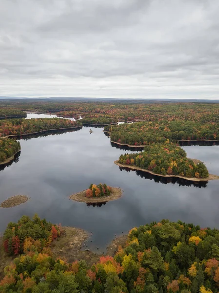 Vue Aérienne Beau Lac Dans Forêt Avec Des Arbres Colorés — Photo