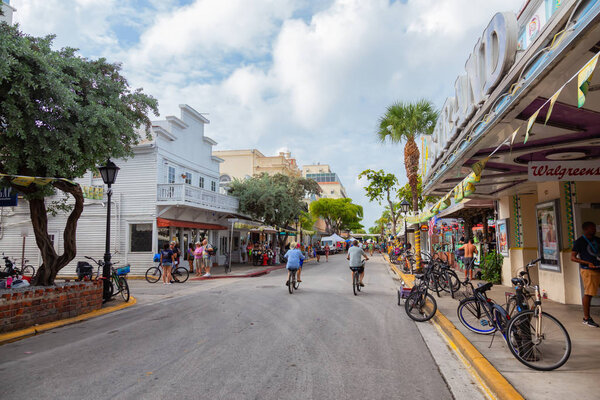 Key West, Florida, United States - November 2, 2018: Street view of the Main Strip in the Downtown City where all the bars are located.