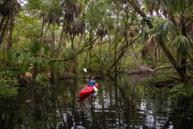 Maceracı kız bir nehir kanosu ağaçlarıyla kaplı. Orlando, Florida, Amerika Birleşik Devletleri batısında bulunan Chassahowitzka Nehri'nde alınan.