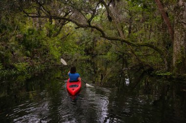 Maceracı kız bir nehir kanosu ağaçlarıyla kaplı. Orlando, Florida, Amerika Birleşik Devletleri batısında bulunan Chassahowitzka Nehri'nde alınan.
