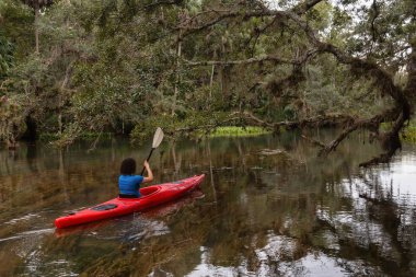 Maceracı kız bir nehir kanosu ağaçlarıyla kaplı. Orlando, Florida, Amerika Birleşik Devletleri batısında bulunan Chassahowitzka Nehri'nde alınan.
