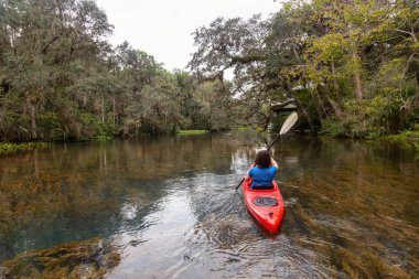 Maceracı kız bir nehir kanosu ağaçlarıyla kaplı. Orlando, Florida, Amerika Birleşik Devletleri batısında bulunan Chassahowitzka Nehri'nde alınan.