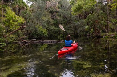 Maceracı kız bir nehir kanosu ağaçlarıyla kaplı. Orlando, Florida, Amerika Birleşik Devletleri batısında bulunan Chassahowitzka Nehri'nde alınan.