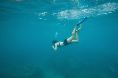 Bir kızın okyanusta dalış sualtı resmi. Key West, Florida Keys, Amerika Birleşik Devletleri alınan.