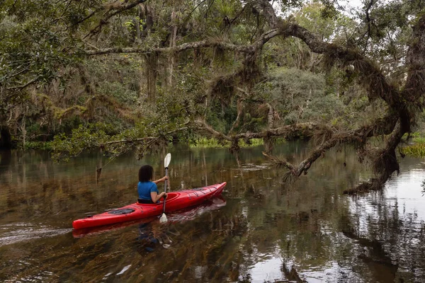 Τολμηρό Κορίτσι Καγιάκ Ένα Ποτάμι Που Καλύπτονται Δέντρα Λαμβάνονται Στον — Φωτογραφία Αρχείου