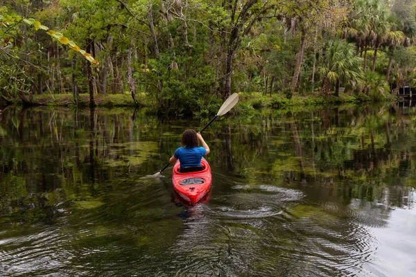 冒险的女孩在被树木覆盖的河上皮划艇 拍摄于位于美国佛罗里达州奥兰多以西的查萨霍伊茨卡河 — 图库照片