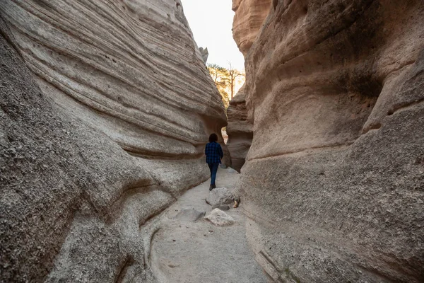 Kadın güzel American Canyon manzarada güneşli bir akşam sırasında hiking. Kaşa-Katuwe çadır kayalar Ulusal Anıtı, New Mexico, Amerika Birleşik Devletleri'nde çekilen.
