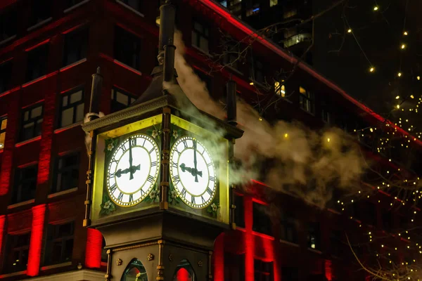 Steam Óra Alatt Egy Sötét Téli Éjszaka Gastown Downtown Vancouver — Stock Fotó