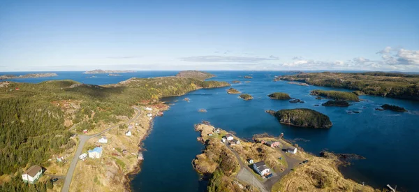 Aerial View Small Town Rocky Atlantic Ocean Coast Cloudy Day — Zdjęcie stockowe