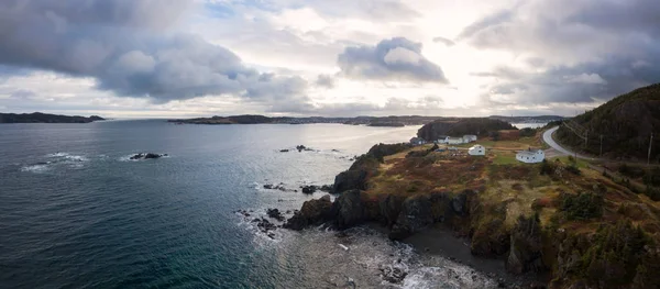 Aerial View Small Town Rocky Atlantic Ocean Coast Cloudy Day — Stock Photo, Image