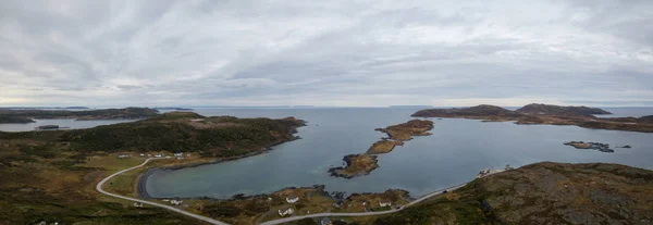 Aerial Panoramic View Small Town Rocky Atlantic Ocean Coast Cloudy — Stock Photo, Image