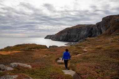 Bir bulutlu sabah sırasında Rocky Atlantik Okyanusu kıyısında güzel bakış açısı. Aziz Anthony, Newfoundland, Kanada'da alınan.