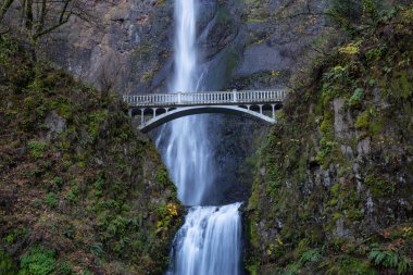 Beautiful view of a bridge going over a river with Multnomah Falls in the background. Located near Portland, Oregon, United States. clipart