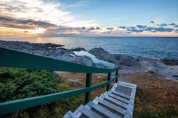 Wooden Stairs Going Beautiful Rocky Atlantic Ocean Coast Vibrant Sunset — Stock Photo, Image