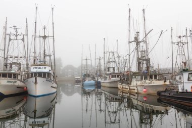 Ucluelet, Vancouver Adası, Bc, Kanada - 22 Ağustos 2018: balıkçı tekneleri bir Marina dumanlı ve canlı sabah gün doğumu.