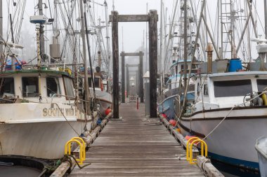 Ucluelet, Vancouver Adası, Bc, Kanada - 22 Ağustos 2018: balıkçı tekneleri bir Marina dumanlı ve canlı sabah gün doğumu.