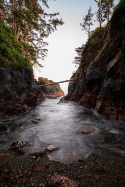 Bir canlı yaz gün batımı sırasında Pasifik Okyanusu kıyısında güzel kayalık deniz manzarası. Alınan Hecht Beach, Kuzey Vancouver Adası, Bc, Kanada.