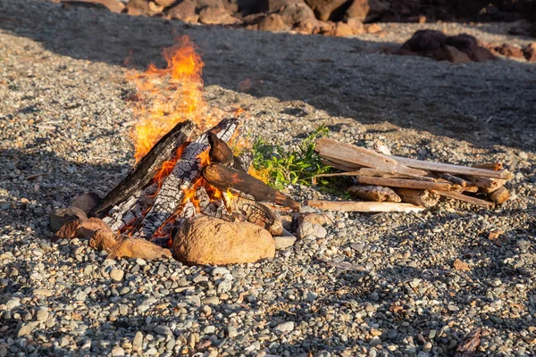 Στρατόπεδο Φωτιά Στην Παραλία Κατά Διάρκεια Ένα Ζωντανό Θερινό Ηλιοβασίλεμα — Φωτογραφία Αρχείου