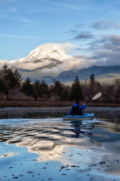 Adventurous Man Kayaking Peaceful Water Cloudy Winter Day Taken Squamish — Stock Photo, Image