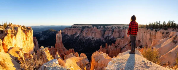 Mujer Disfrutando Hermosa Vista Paisaje Americano Durante Una Puesta Sol — Foto de Stock