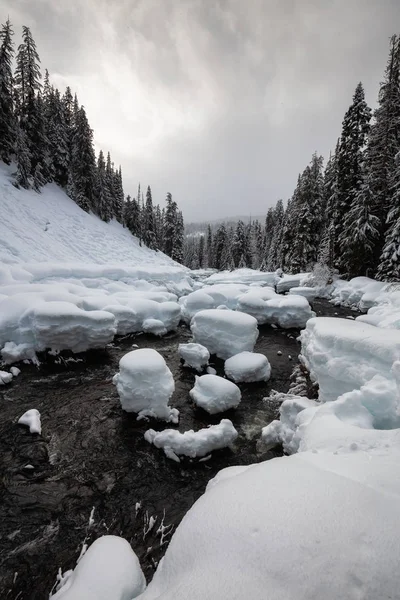 Hermoso Paisaje Invierno Canadiense Valle Montaña Durante Día Nublado Tomado — Foto de Stock