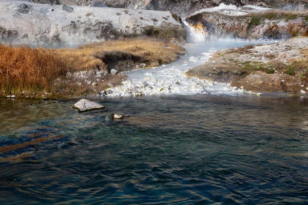 View of natural Hot Springs at Hot Creek Geological Site. Located near Mammoth Lakes, California, United States.