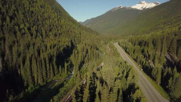 Luchtfoto Van Een Trein Buurt Van Een Schilderachtige Weg Omringd — Stockvideo