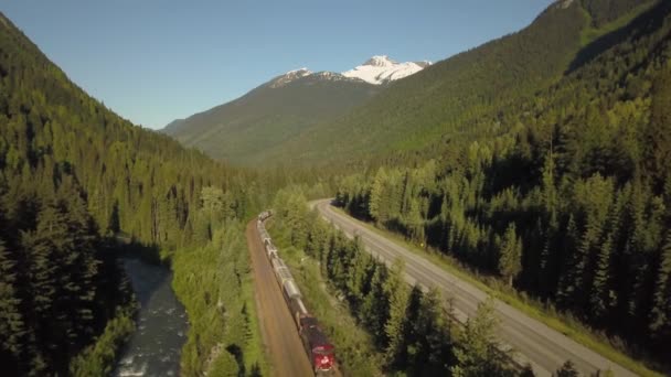 晴れた夏の日に美しいカナダ山脈に囲まれた風光明媚な道路の近くの列車の航空写真 カナダ ブリティッシュコロンビア州レヴェルストーク付近で撮影 — ストック動画