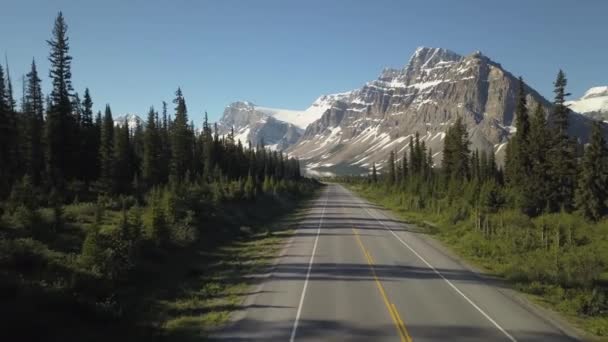 晴れた夏の日の美しいカナダの山の風景に囲まれた谷の風光明媚な道路の航空写真 カナダ アルバータ州バンフ付近で撮影 — ストック動画