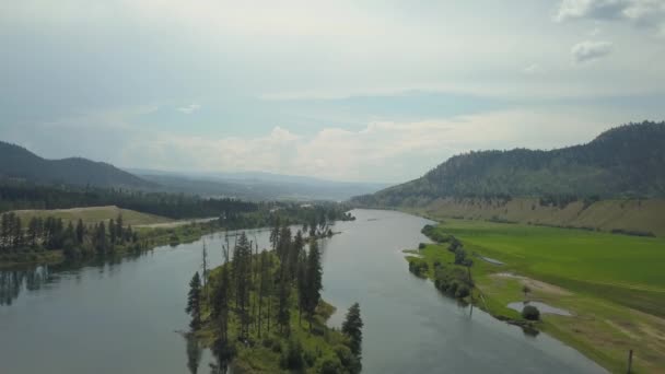 Flyg Utsikt Över Gården Fält Thompson River Pulserande Solig Sommar — Stockvideo