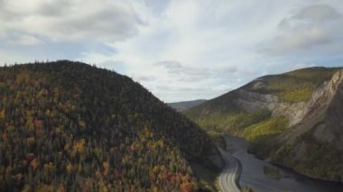 Canlı güneşli bir gün boyunca doğal bir yolun havadan görünümü. Corner Brook, Newfoundland, Kanada yakınlarında çekilmiş.