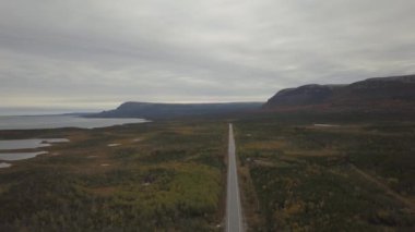 Bulutlu bir sabah sırasında Atlantik Okyanusu kıyısı yakınında doğal bir yolun havadan görünümü. Newfoundland, Kanada 'da Taken.