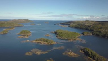 Havadan görünümü bir bulutlu gün boyunca kayalık bir Atlantik Okyanusu kıyısında küçük bir kasaba. Mızrakları kol, Newfoundland, Kanada'da alınan.