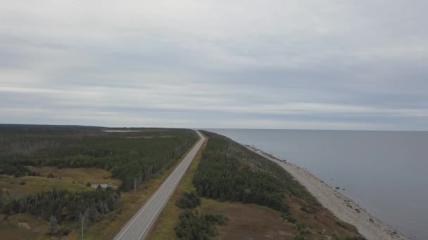 Vue aérienne d'une route panoramique près de la côte de l'océan Atlantique par une matinée nuageuse. Prise à Terre-Neuve, Canada .