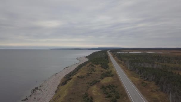 Vue aérienne d'une route panoramique près de la côte de l'océan Atlantique par une matinée nuageuse. Prise à Terre-Neuve, Canada .