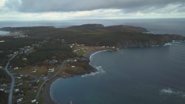 在多云的白天 在岩石大西洋海岸上的一个小镇的鸟图 拍摄于加拿大纽芬兰的天堂 — 图库视频影像