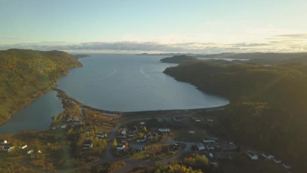 Aerial View Small Town Rocky Atlantic Ocean Coast Bright Sunny — Stok video