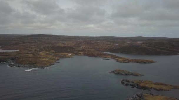 Aerial View Small Town Rocky Atlantic Ocean Coast Cloudy Day — Stock Video