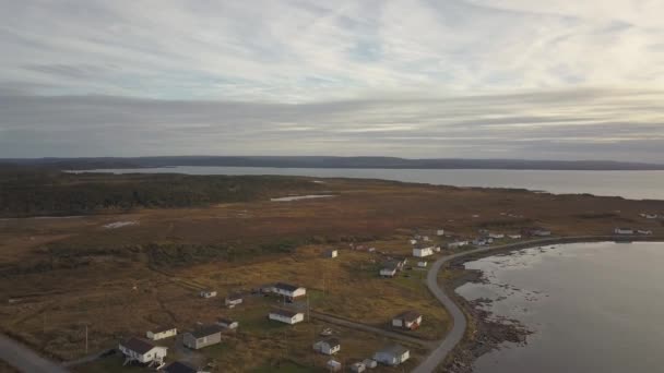 Aerial Panoramic View Small Town Rocky Atlantic Ocean Coast Cloudy — Stock videók