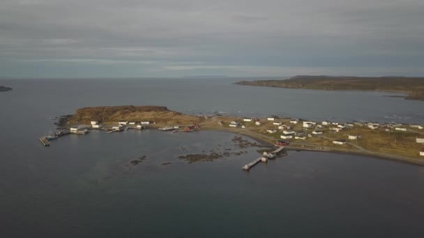 Aerial Panoramic View Small Town Rocky Atlantic Ocean Coast Cloudy — Stock videók