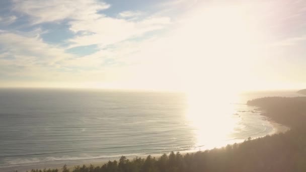 鮮やかな夏の日没時に太平洋の海の海岸の美しい空中海景ビュー 北バンクーバーの島 ブリティッシュ コロンビア カナダで撮影しました — ストック動画