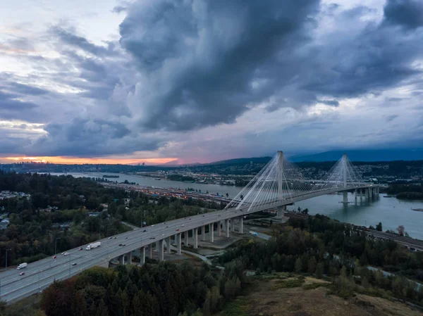 Aerial View Trans Canada Highway Port Mann Bridge Dramatic Cloudy — Stock Photo, Image