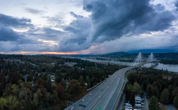 Letecký Panoramatický Pohled Trans Canada Highway Poblíž Most Port Mann — Stock fotografie