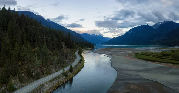 Aerial Panoramic View River Valley Beautiful Canadian Mountain Landscape Cloudy — Stock Photo, Image